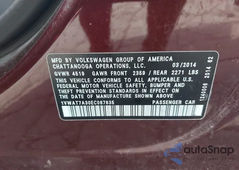 2014 Volkswagen Passat 1.8T Wolfsburg Edition from USA, damaged, VIN 1VWAT7A30EC087835